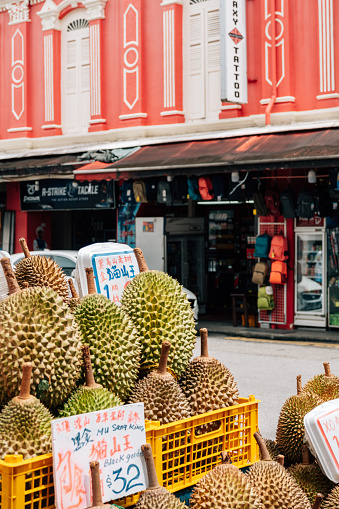 Singapore - October 23, 2022 : Chinatown street fruit market durian