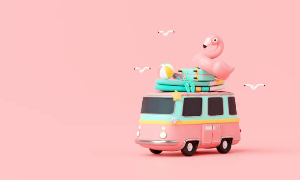 istock Summer pink vacation beach with Minimal travel van bus, surfboard, elements background concept, Realistic Display for Product mock-up with summer pink theme. minimal cute design. 3d rendering 1492380805