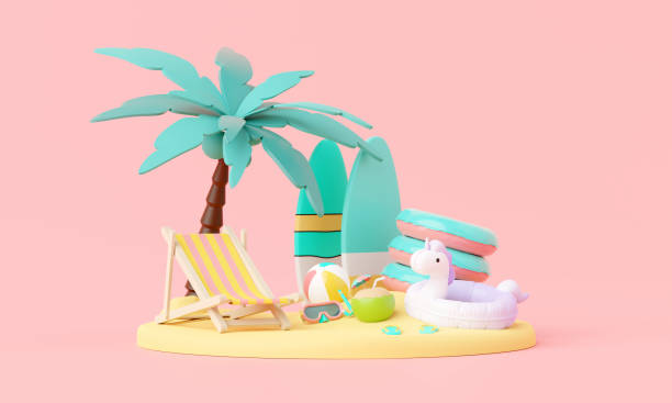 istock Summer pink vacation beach with Minimal Surfboard, island, elements background concept, Realistic Display for Product mock-up or Cosmetics with summer pink theme. minimal cute design. 3d rendering 1492380838