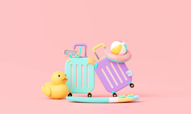 istock Summer time pink vacation beach with Minimal suitcase luggage, inflatable rings, other elements background concept, Display for Product mockup with summer pink theme. minimal cute design. 3d render. 1492380853