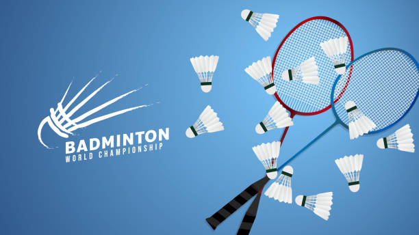 raket bulutangkis dengan shuttlecock bulutangkis putih, wallpaper olahraga bulutangkis dengan ruang salin, ilustrasi vektor eps 10 - badminton court ilustrasi stok
