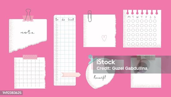 istock Collection of paper sticky notes, to-do list, planner, memories vector illustrations. Cute memo templates. 1492383625