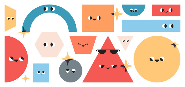 Geometric figures with face emotions and different shapes, hand drawn trendy shapes for kids, funny characters flat vector illustration.