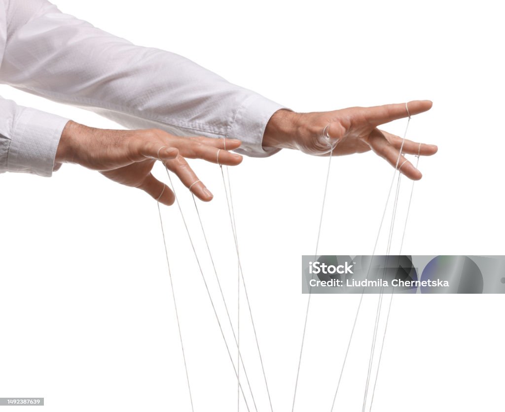 Man Stringed Puppet Man Pulling Strings Of Puppet On White Background Closeup Stock Photo ...