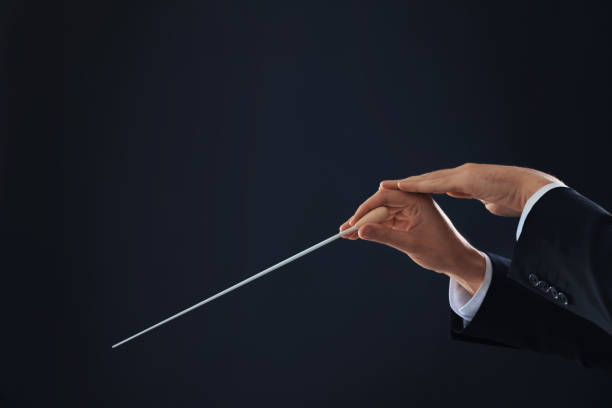 istock Professional conductor with baton on black background, closeup. Space for text 1492387643