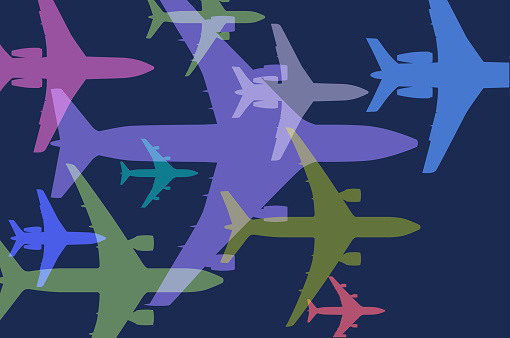 Colourful overlapping silhouettes of Airplanes. flying, business travel, businessman, commuter, finance, people, vacations, transportation, airport,  airport VIP lounge, airport terminal,