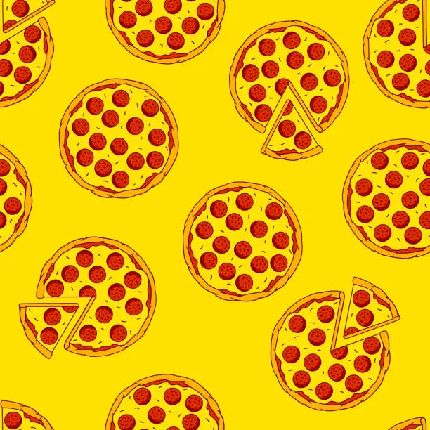 Vector illustration of Tasty Italian pizza pattern. Delicious fast food meal. Background for cafe menu.