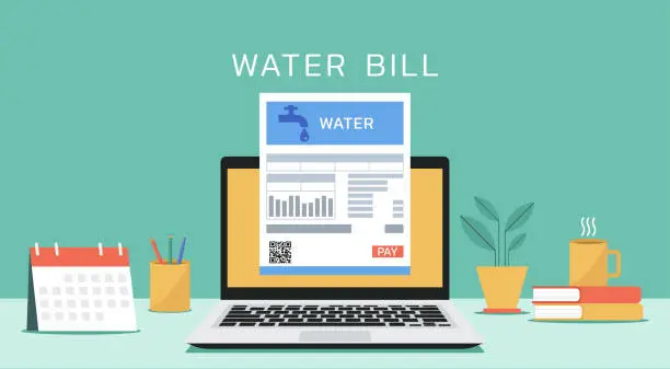 Vector illustration of water bill on laptop screen