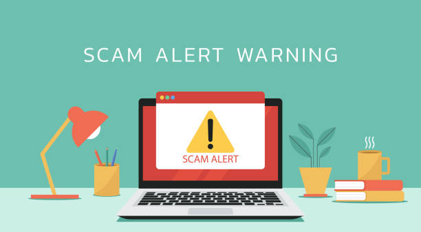 scam alert warning sign notification on laptop vector art illustration