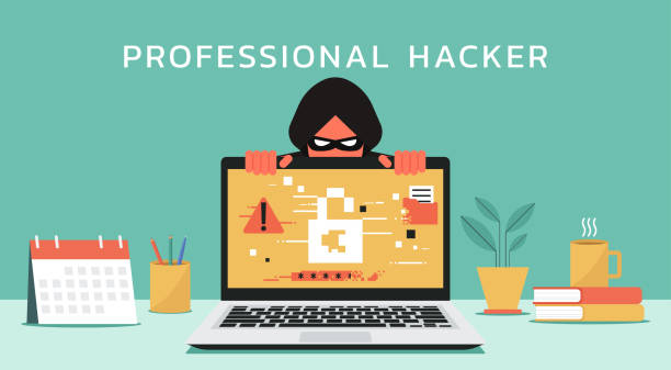hacker in black hood with laptop trying to cyber attack cyber criminal concept, hacker in black hood with laptop trying to attack and unlock web security, vector flat illustration design hacker laptop stock illustrations
