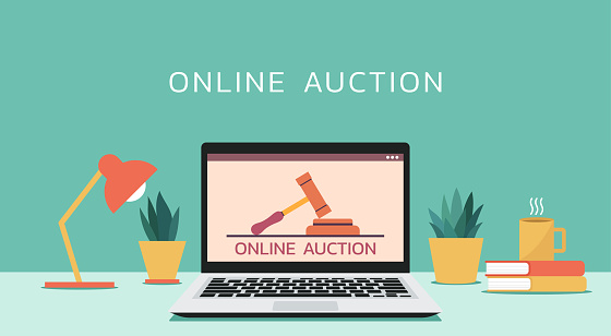 online auction concept with huge hammer on laptop  screen, vector flat illustration design