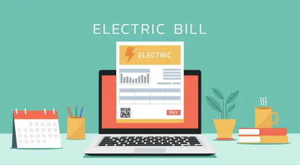 Vector illustration of electricity bill on laptop screen