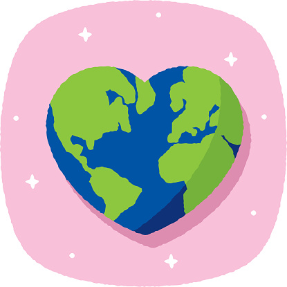 Vector illustration of a hand drawn heart shaped planet Earth against a pink background with textured effect.