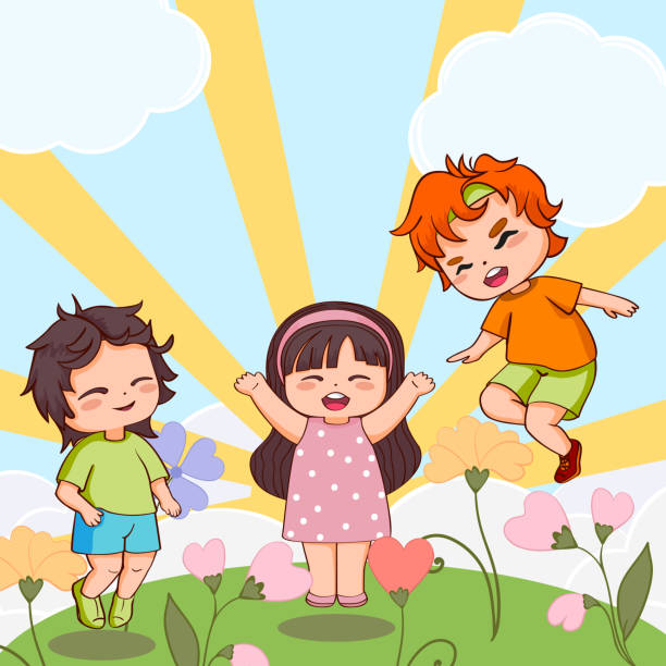 illustrations, cliparts, dessins animés et icônes de mignon jouant à sauter des enfants dans un style de dessin animé sur fond de soleil et de ciel, dans une prairie fleurie journée mondiale des enfants - sun sky child balloon