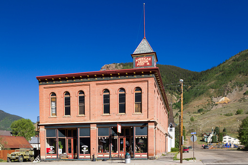 Silverton, Colorado, USA - June 14, 2012. The American Legion Post #14 and the Miners Union Hall building at the town of Silverton in Colorado, USA.