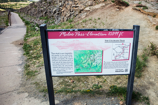 Molas Divide, Colorado, USA - June 13, 2012. The Molas Pass elevation marker along the Colorado Trail in Colorado, USA.