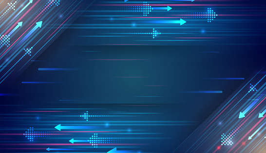 Abstract background with glowing dynamic lines. Futuristic red-blue stripes with arrows. Modern high-tech background for presentations and websites. Shiny moving design element.