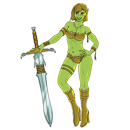 Orc girl. Vector illustration of a young woman warrior. The hero of the computer game. Green armed monster with a sword