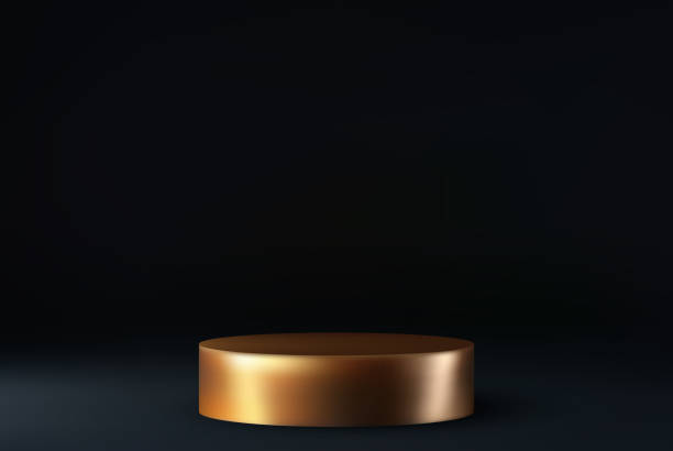 istock Minimal golden podium display. Black background with round golden podium. 1492406862