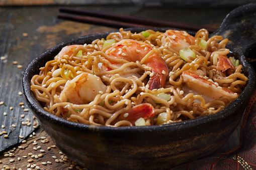 Garlic, Soy and Sesame Ramen Noodles with Prawns and Sriracha Sauce