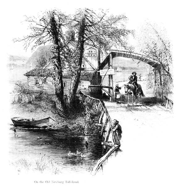 hudson river old newburgh toll-road, nowy jork, stany zjednoczone, geografia amerykańska - number of people people in the background flowing water recreational boat stock illustrations