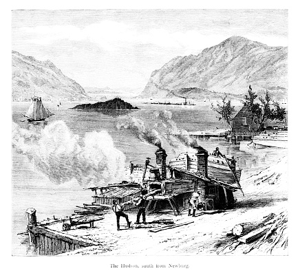 Men work on a commercial dock on the Hudson River south of Newburgh, New York State, USA. Pen and pencil drawing, engraving published 1872. This edition edited by William Cullen Bryant is in my private collection. Copyright is in public domain.