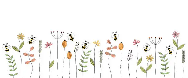 Vector illustration of Vector banner with lovingly drawn flowers and bees. Free space for text. Suitable for invitation, greetings, poster, flyer, website, advertising and product design.