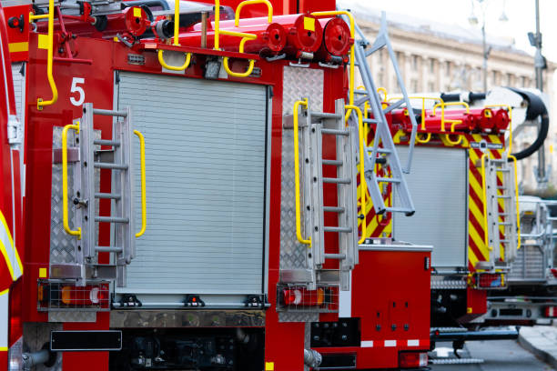 istock Red fire truck. Fire-technical transport. Fire trucks are preparing to put out the fire. 1492416282
