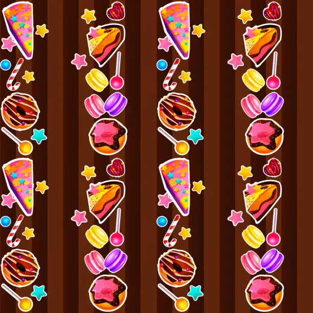 Vector illustration of Confectionery seamless pattern in cartoon style. Cupcakes, croissants, donuts, candies, lollipops and other striped sweets on a chocolate striped background.