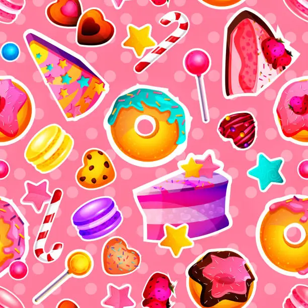 Vector illustration of Confectionery seamless pattern in cartoon style. Cupcakes, croissants, donuts, candies, lollipops and other sweets on a colored polka dot background.