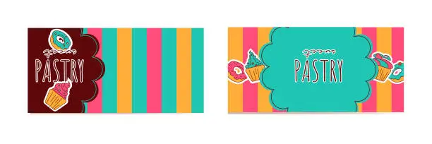 Vector illustration of Sweet pastry business card in flat style. Confectionery background. A set of cupcakes on an abstract striped color background with space for text.