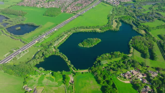 Drone view of Linford Lakes Nature Reserve in Milton Keynes, England