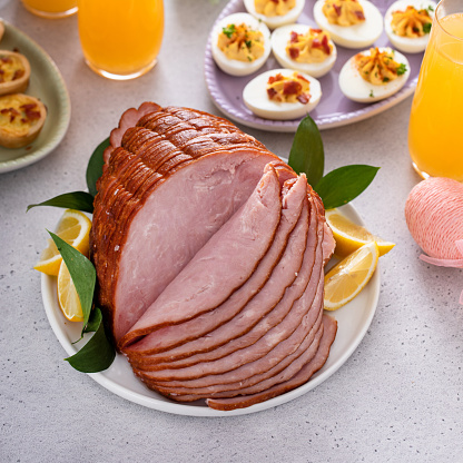 Traditional Easter ham on the table served with Easter brunch