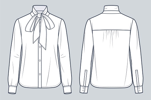 Bow Tie Neck Shirt technical fashion Illustration. Button up Shirt, Blouse fashion flat technical drawing template, cuffed long sleeve, front and back view, white, women CAD mockup.