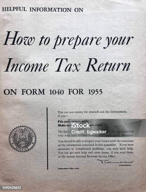 Income Tax Instructions 1955 Stock Photo - Download Image Now - 1040 Tax Form, 1950-1959, 1955