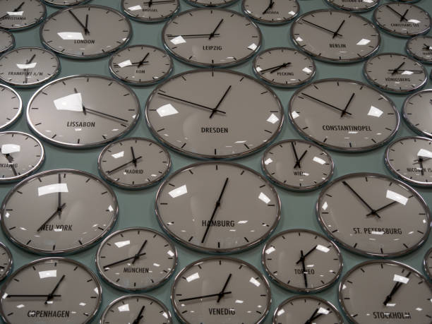 istock Wall Clock with the time of different European cities in Berlin. 1492422383