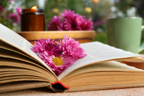 istock Book with chrysanthemum flowers as bookmark on beige textured table, closeup 1492422454