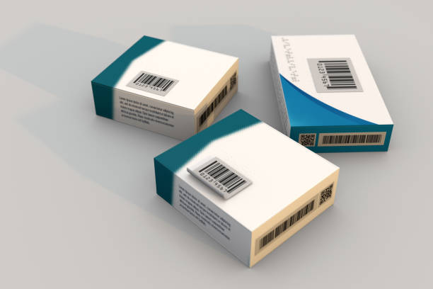 concetto di serializzazione farmaceutica con scatola farmaceutica ed etichette con codice a barre - bar code medicine healthcare and medicine label foto e immagini stock