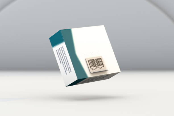 scatola farmaceutica galleggiante con etichetta bianca e codice a barre - bar code medicine healthcare and medicine label foto e immagini stock