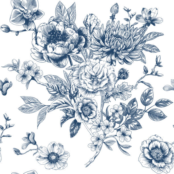 toile de jouy 스타일의 손으로 그린 꽃이 있는 추상적인 현대적인 꽃무늬 이음새가 없는 패턴. 레트로 우아함 반복 인쇄. 직물, 벽지 또는 포장을 위한 빈티지 디자인 - blossom florescence flower wallpaper pattern stock illustrations
