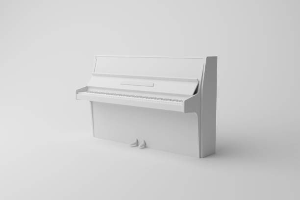 White upright piano on white background with shadow in greyscale monochrome. Illustration of the concept of musical instruments and musicians