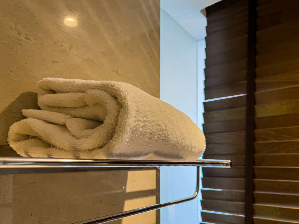 istock White folding shower towel on modern bathroom in a luxury hotel 1492425469