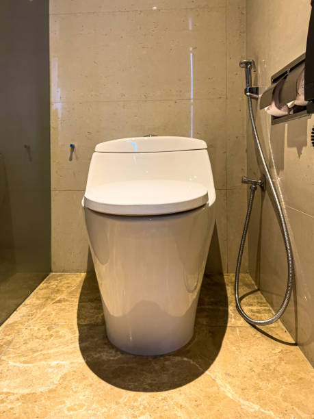 Modern Restroom with luxury comod and push shower. Modern sanitary fiitings
