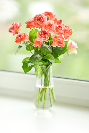 Beautiful tender pink roses in glass vase on windowsill in room. Bouquet of the flowers in home interior. Selective focus.