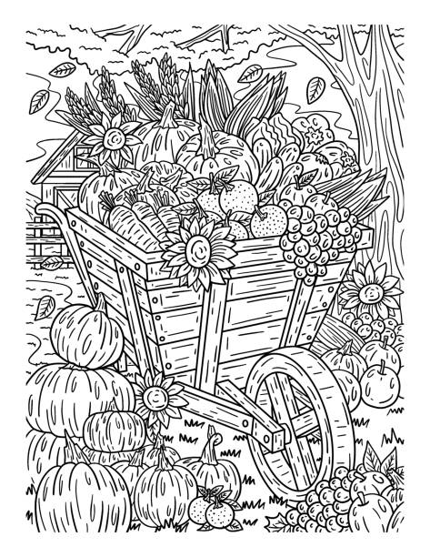 Thanksgiving Wheelbarrow Harvest Adults Coloring A cute and beautiful coloring page of a Thanksgiving Wheelbarrow Harvest. Provides hours of coloring fun for adults. autumn coloring pages stock illustrations