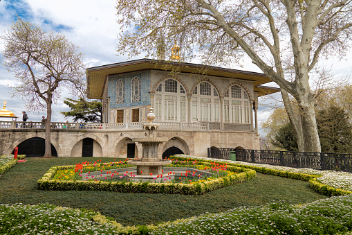 Istanbul, Turkey - 21 April: Yerevan Kiosk in gardens of 4th courtyard of Topkapi Palace.