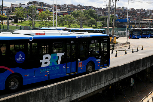 salvador, bahia, brazil - may 17, 2023: Buses of the BRT transport system are seen in a parking lot in the city of Salavdor.