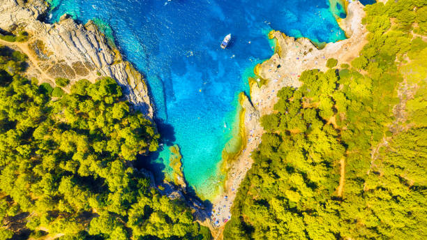 una bahía de mar. agua turquesa clara y un bote. vista desde el aire. paisaje de verano desde un dron. descansa y viaja en verano. la temporada de vacaciones. fotografía para el diseño. - skiff time travel locations sports and fitness fotografías e imágenes de stock