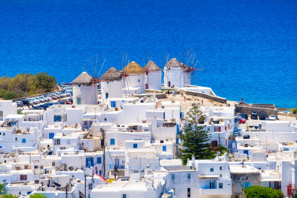 Mykonos, Greece. Traditional windmills. The symbol of Mykonos at the day time. Photo for travel and vacation stock photo