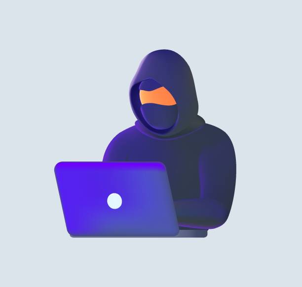 3d-hacker, cyberkrimineller mit laptop, der persönliche daten von benutzern stiehlt. hackerangriff und websicherheit. phishing im internet - computer hacker spy spam safety stock-grafiken, -clipart, -cartoons und -symbole